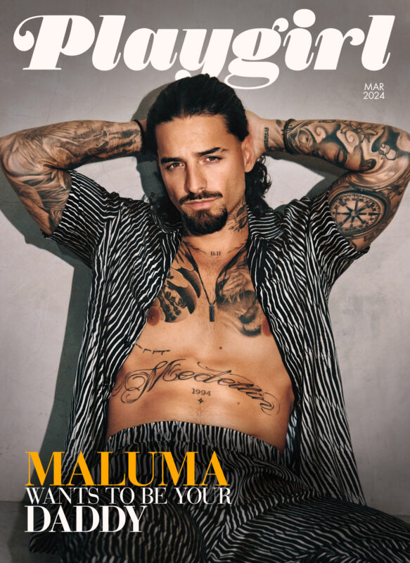 Playgirl's March 2024 cover featuring Maluma • silk set by Delos.